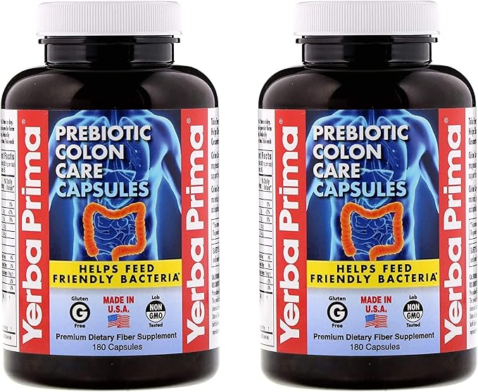 Yerba Prima Prebiotic Colon Care Capsules - 180 Count (Pack of 2), Gluten Free, Proudly Made in The USA, Non-GMO, Soluble & Insoluble Fiber, Supports A Healthy Functioning Colon