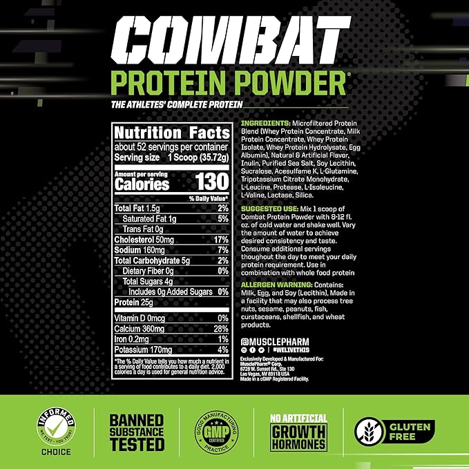 MusclePharm Combat Protein Powder, Banana Cream Flavor, Fuels Muscles for Productive Workouts, 5 Protein Sources including Whey Protein Isolate & Egg Albumin, Gluten Free, 4 lb, 52 Servings