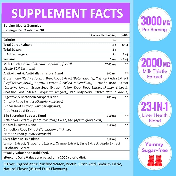 Liver Cleanse Detox & Repair Gummies 3000mg | Milk Thistle 2000mg with Turmeric Dandelion Root & Artichoke for L*iver Detox, Cleanse & Renew, Antioxidant, Gut, Skin Health - Fruit Flavor, 180 Gummies