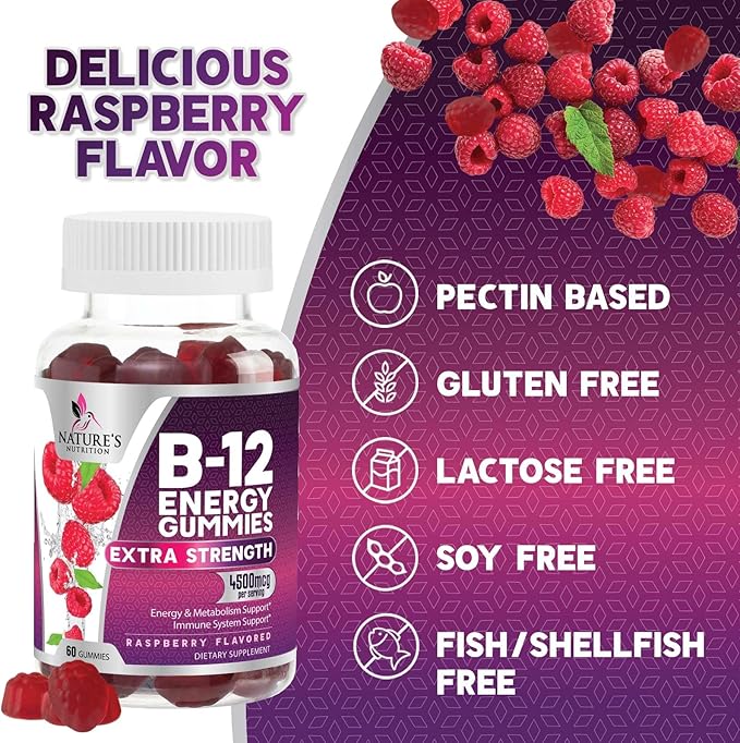 Vitamin B12 Energy Gummies - Extra Strength 4500mcg Chewable for Energy & Nervous System Health Support, B-12 Complex Gummy Vitamin for Women, Men, Kids - Non-GMO, Vegan, Berry Flavor - 60 Gummies