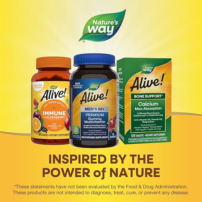 Nature’s Way Alive! Men’s 50+ Premium Gummy Multivitamin, Supports Healthy Heart, Brain & Muscle Function*, B-Vitamins, Vegetarian, Grape, Orange and Cherry Flavored, 75 Gummies (Packaging May Vary)