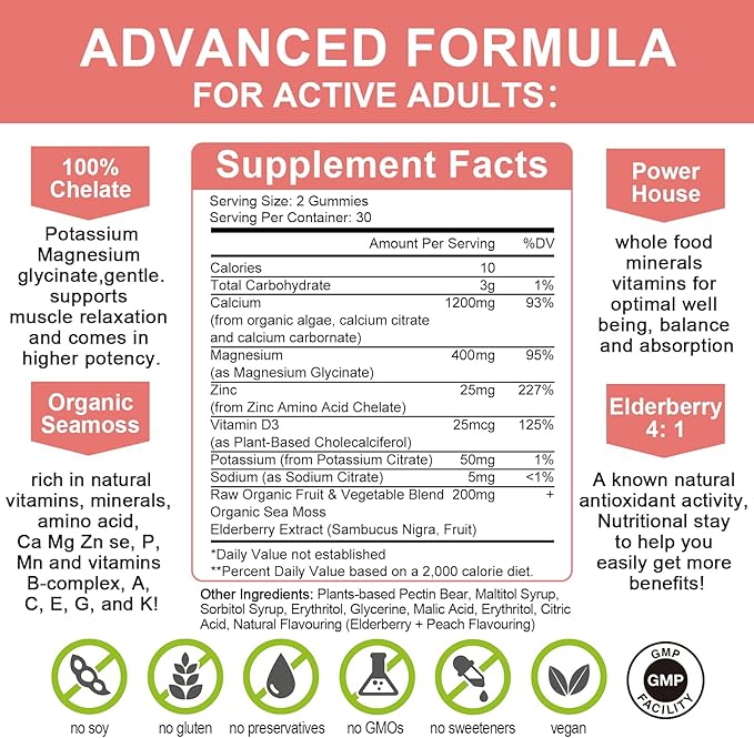 1200mg Calcium Gummies with D3,K2,Zinc - Plant Complex Calcium Magnesium Supplement with Glycinate,Potassium,Vitamin C &Whole Natural Food for Bone & Immune Support- 120 Chewable Gummy Sugar-Free