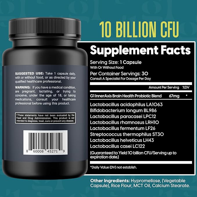 InnerAxis 2-in-1 Brain and Gut Health Probiotic, 10 Billion CFU, 8 Probiotic Strains for Gut, Psychobiotic, Mood and Brain Support, Acidophilus Probiotic for Women and Men, 30 Servings