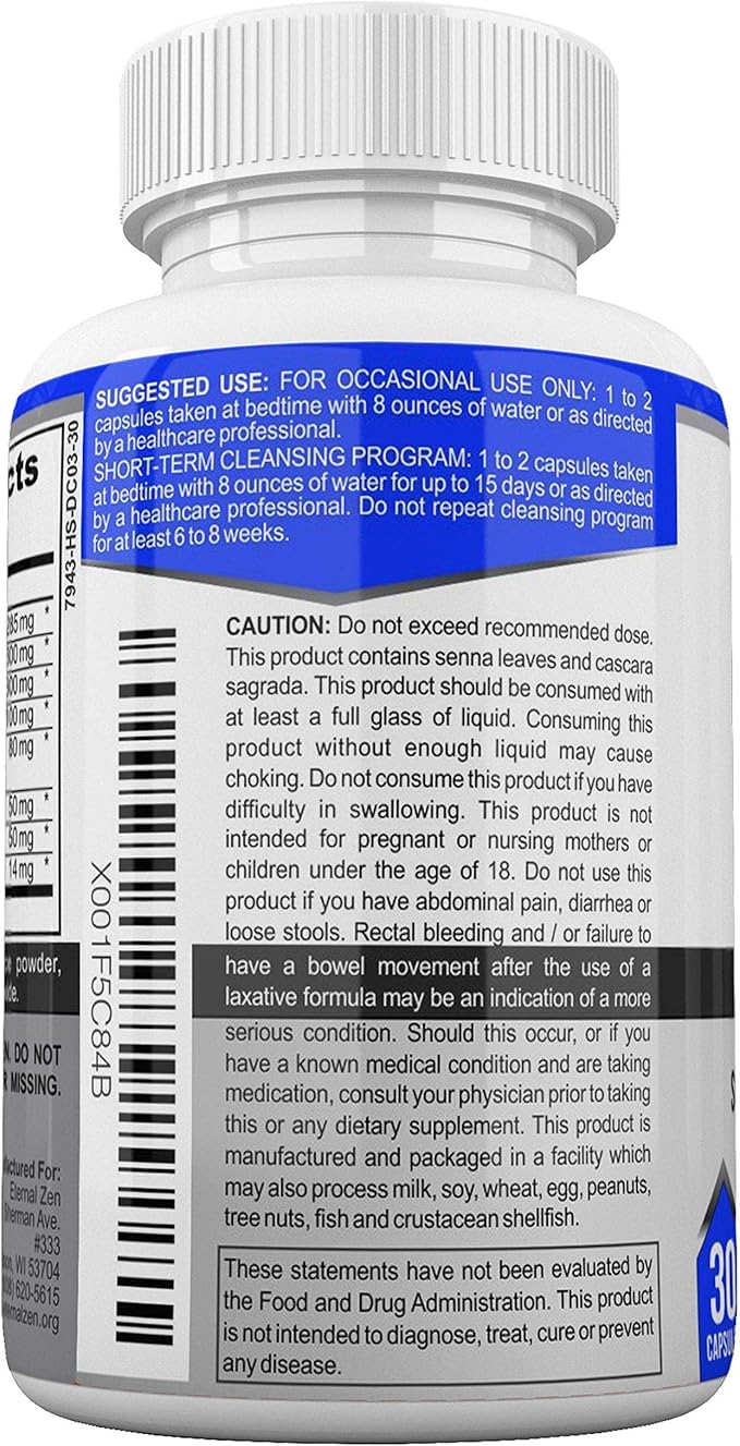 Eternal Zen 15 Day Colon Cleanser Detox with Extra Strength Herbs, Senna is a Fast Acting Natural Laxative for Constipation Relief - Whole Body Cleanse - 30 Capsules