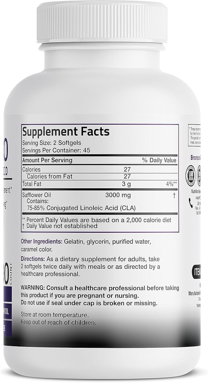 Bronson CLA 3000 Extra High Potency Supports Healthy Weight Management Lean Muscle Mass Non-Stimulating Conjugated Linoleic Acid, 90 Softgels