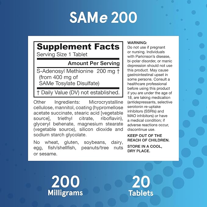 Jarrow Formulas SAMe 200 mg, Supports Joint Health, Liver Function, Brain Metabolism, 20 Tablets, Up To A 20 Day Supply