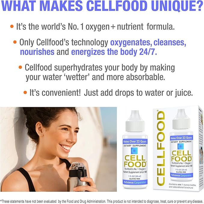 Cellfood Liquid Concentrate - 1 fl oz, 12 Pack - Oxygen + Nutrient Supplement - Supports Immune System, Energy, Endurance, Hydration & Overall Health - Gluten Free, Non-GMO, Kosher - Makes 22+ Quarts