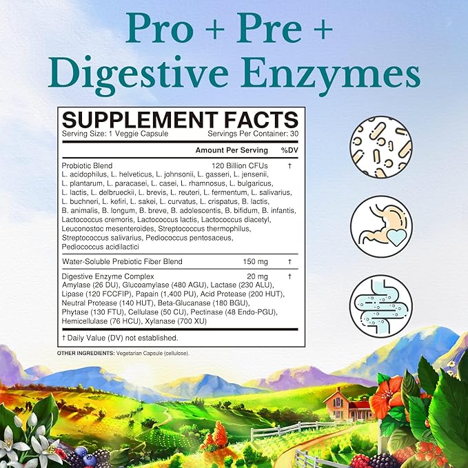 Vitalitown Probiotics 120 Billion CFUs | 36 Strains, with Prebiotics & Digestive Enzymes for Men Women | Shelf Stable | Digestive & Immune Support | Vegan | 60 Delayed Release Veg Caps