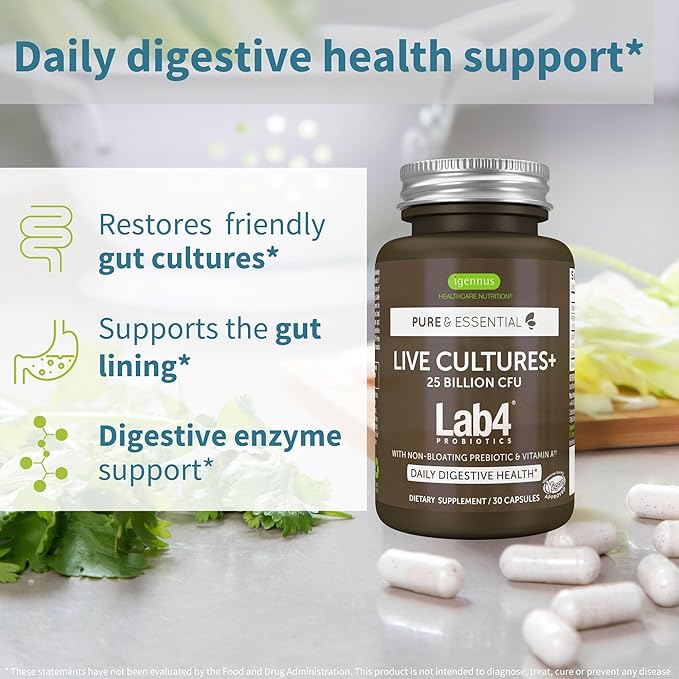 Live Cultures+ Lab4 Probiotics & Prebiotic, Lactobacillus Acidophilus & Bifidobacterium, Guaranteed 25 Billion CFU,Vegan, Non-Bloating Gut Health Support, Non-GMO, 30 Capsules, by Igennus