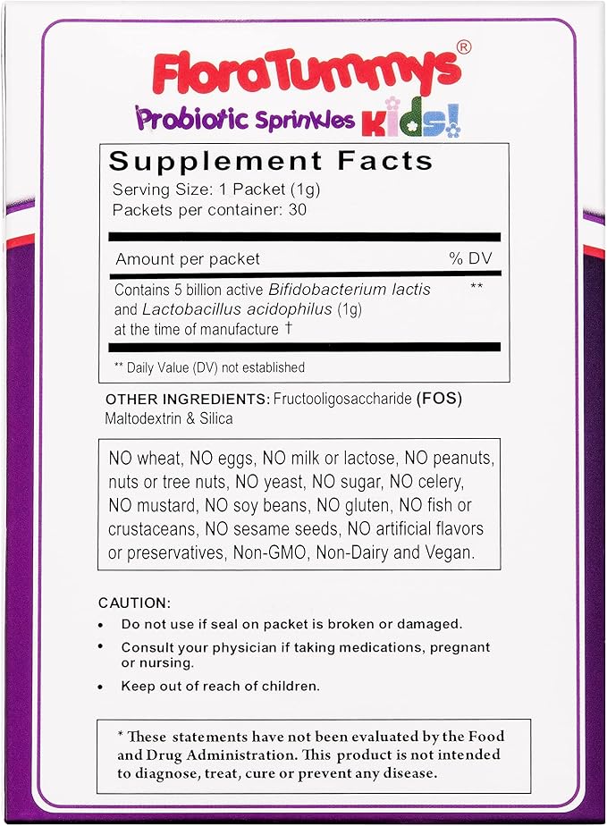 Probiotic Sprinkles for Kids: 30 Taste-Free, Powder Packets, Free of Food Allergens, Non-Dairy, Gluten Free, Sugar-Free, Non-GMO, Vegan