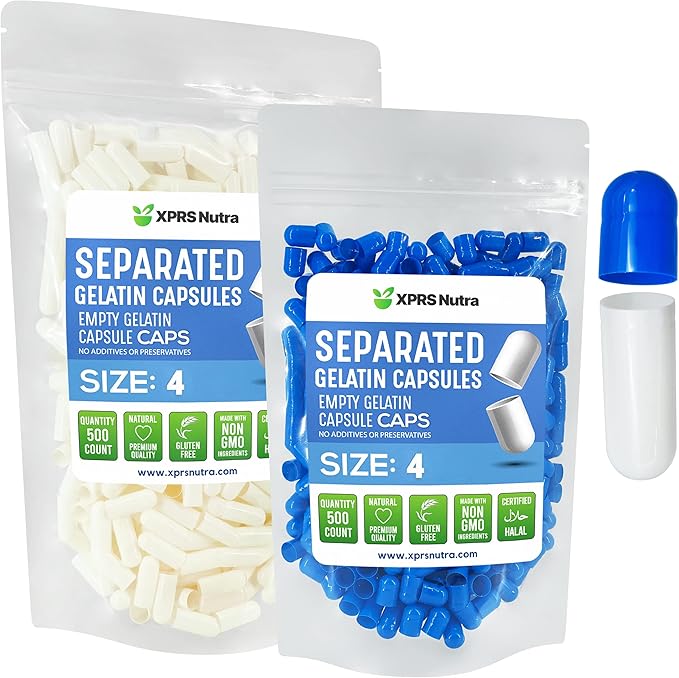 XPRS Nutra Gelatin Size 4 Separated Capsules - 500 Count Small Empty Capsules Separated in Bags - Empty Pill Capsules - Size 4 Gel Capsules Empty- Capsules Empty DIY Supplement Filling (Blue/White)
