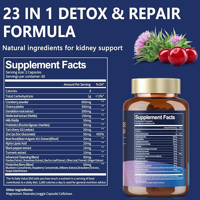2 Packs Kidney Cleanse Detox & Repair Capsules, Chanca Piedra & Cranberry Pills for Kidney Support Supplement Extra Strength with Kidney Stones Dissolver, Urinary Tract Health for Woman