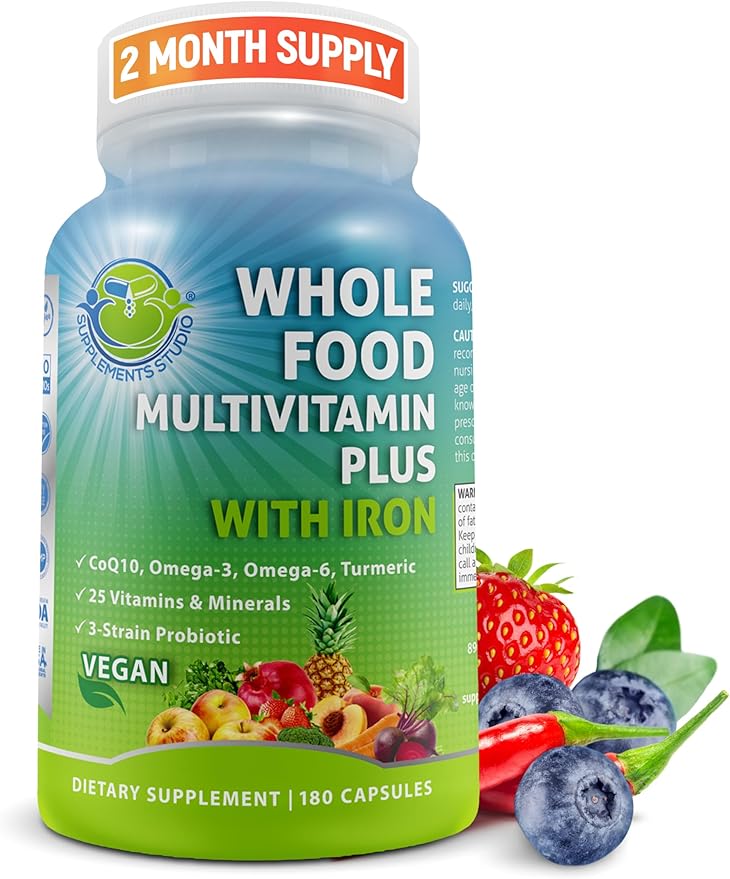 Vegan Whole Food Multivitamin with Iron, Daily Multivitamin for Women and Men, Made with Fruits & Vegetables, B-Complex, Probiotics, Enzymes, CoQ10, Omegas, Turmeric, Non-GMO, 180 Count