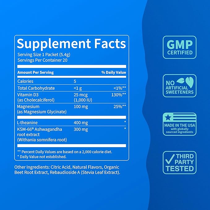 Nello Supercalm Powdered Drink Mix, Raspberry Lemonade, L Theanine, Ksm-66 Ashwagandha, Magnesium Glycinate, Vitamin D 3, Supplements for Relaxation & Focus, No Sugar, Non GMO, On The Go, 20 Ct
