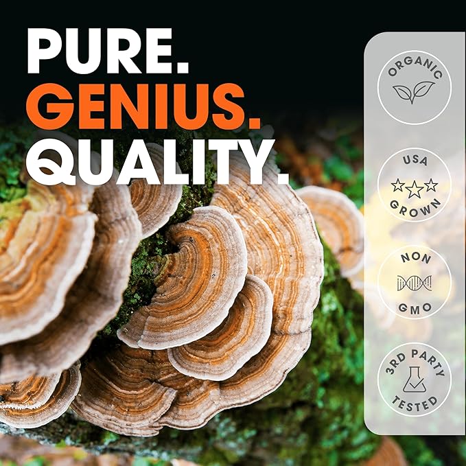 Genius Turkey Tail Supplement Capsules – Organic, Comprehensive Digestive and Gut Health Support – 120 Capsules