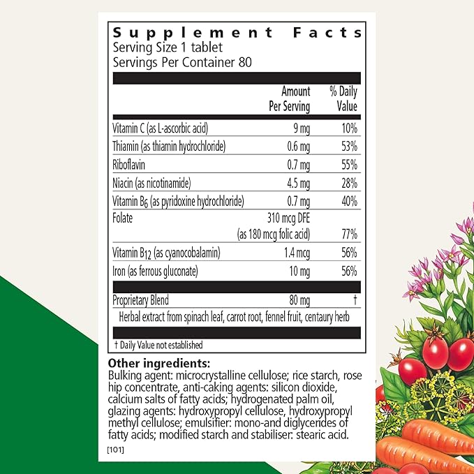 Floradix by Salus Iron Tablets - Energy Support Supplement for Men & Women - Natural Iron Supplement with B Vitamins & Vitamin C - Non-GMO, Vegetarian & Lactose-Free - 80 Tablets