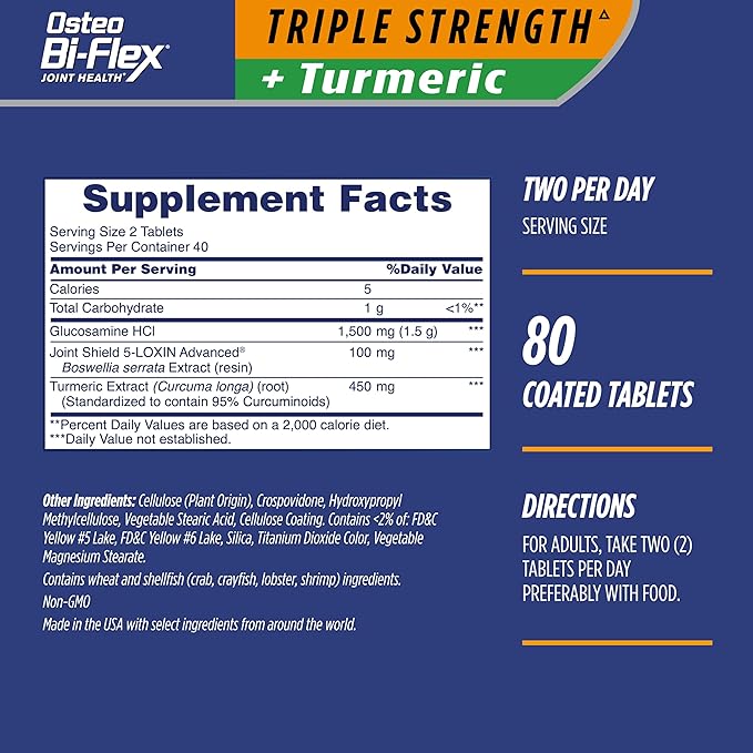 Osteo Bi-Flex Triple Strength Glucosamine with Turmeric, Joint Health Supplement, Coated Tablets, Original Version, 80 Count
