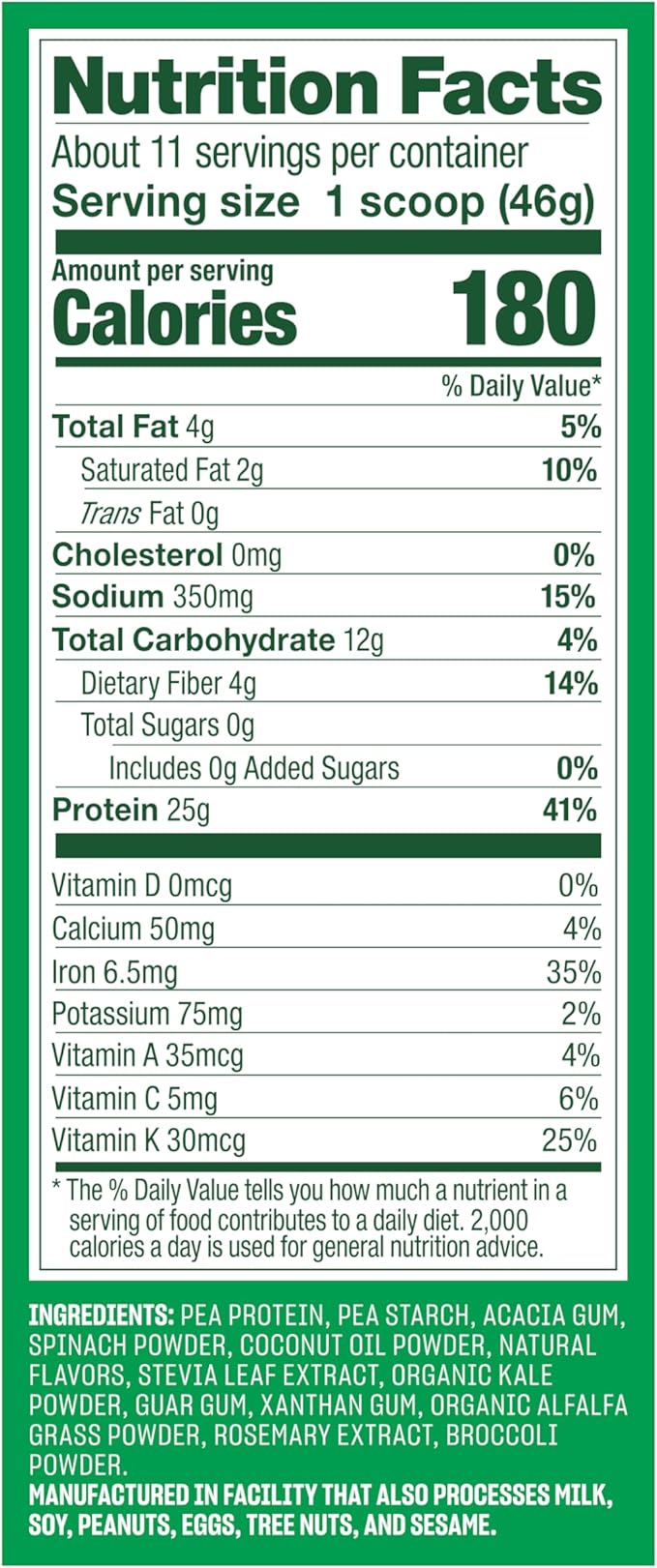 Vega Protein and Greens Protein Powder Creamy Vanilla (11 Servings) 25g Plant Based Protein Plus Veggies, Vegan, Non-GMO, Pea Protein for Women and Men, 1.2lbs