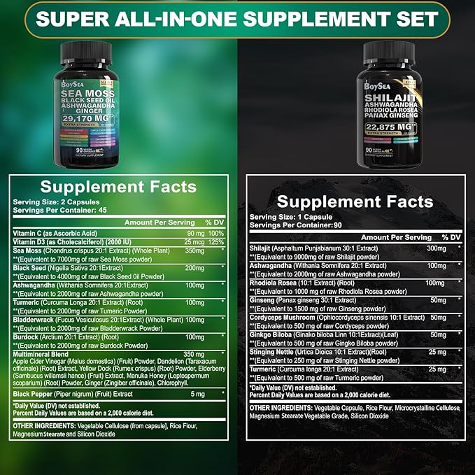 Boysea.sea Moss and shilajit Bundle - 90 Count - Sea Moss 7000mg, Black Seed Oil 4000mg, Ashwagandha 2000mg, Ginger & Shilajit 9000mg, Rhodiola Rosea 1000mg, All in 1 Supplements (3 Pack)
