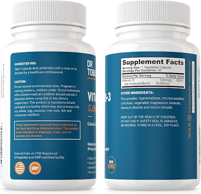 Dr. Tobias Vitamin D3 5000 IU, Essential for Healthy Bones, Teeth, and Immune System, Extra Strength Vitamin D Supplement, Non-GMO, 90 Capsules, 90 Servings