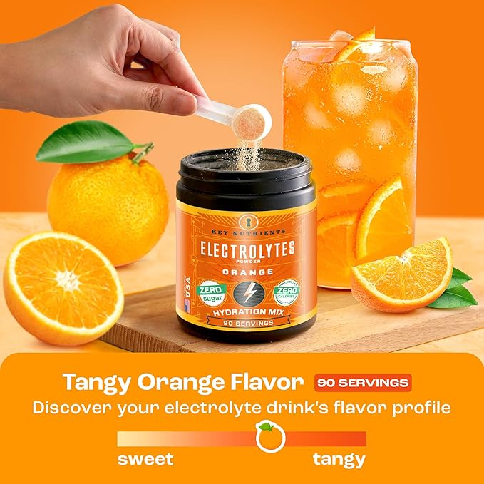 KEY NUTRIENTS Multivitamin Electrolytes Powder No Sugar - Tangy Orange Electrolyte Powder - Endurance & Energy Supplement - Hydration Powder - No Calories - 90 Servings - Made in USA