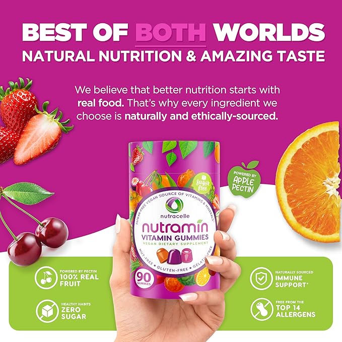 NUTRAMIN Daily Vegan Keto Multivitamin Gummies Non-GMO Natural Vitamin C, D + Zinc for Immunity, Plant-Based, Sugar-Free, Nut-Free, Gluten-Free, Biotin, Vitamin A, B, B6, B12 & More 90 Count, 45 Days