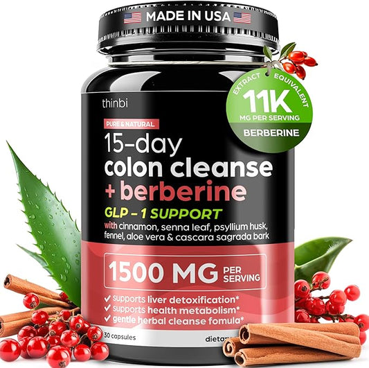 GLP-1 Colon Cleanse Berberine Supplement 1500mg - 15-Day Advanced Detox for Men & Women - Extra Strength w/Senna Leaf, Fast-Acting Natural for Constipation, Gut Health & Bloating Relief - THINBI