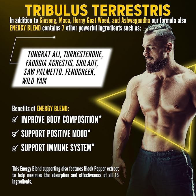 Zolotus 13in1 Tribulus Terrestris Capsules with Maca, Horny Goat Weed, Panax Ginseng, Saw Palmetto, Tongkat Ali, Shilajit & More - Energy, Stamina Supplement for Men & Women - 120 Counts