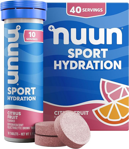 Nuun Sport Electrolyte Tablets - Dissolvable in Water, Citrus Fruit, 5 Essential Electrolytes for Hydration, 1g Sugar Drink Mix, Vegan, Non-GMO, 4 Pack (40 Total Servings)