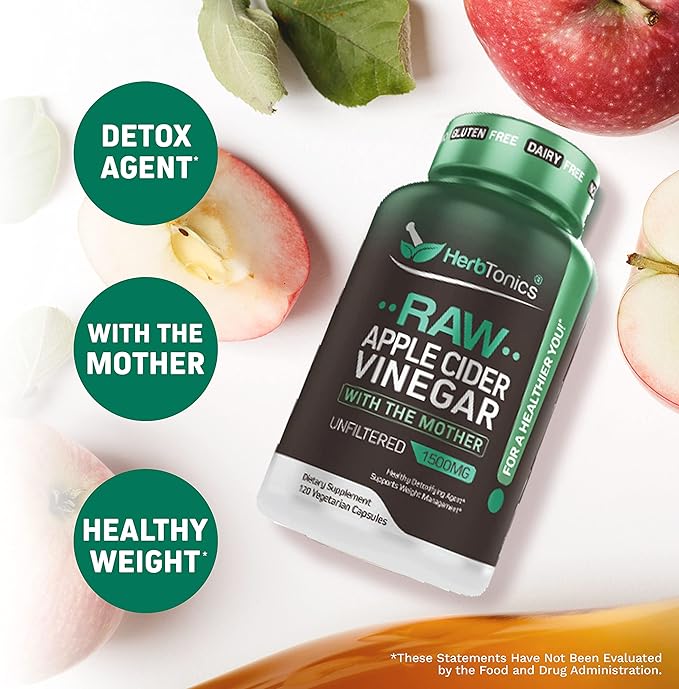 Herbtonics Raw Apple Cider Vinegar Capsules with Mother | Detox & Digestive Health Formula | Unfiltered ACV for Metabolic Support | 120 Vegan Capsules