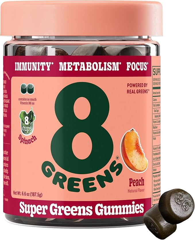 8Greens Supergreens Gummies | Super Greens Powder Superfood Gummy for Metabolism, Immunity & Focus, Digestive Health Enzymes, Organic: Chlorella, Spirulina, Aloe Vera, Peach Flavor, 50 Count