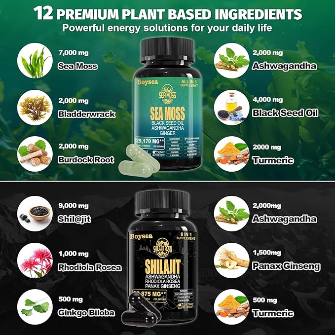 Boysea.Shilajit and Sea Moss Bundle - Sea Moss (7000mg), Ashwagandha (2000mg), Black Seed Oil (4000mg), Ginger & Shilajit (9000mg), Rhodiola Rosea (1000mg) – 90 Count (4 Pack)
