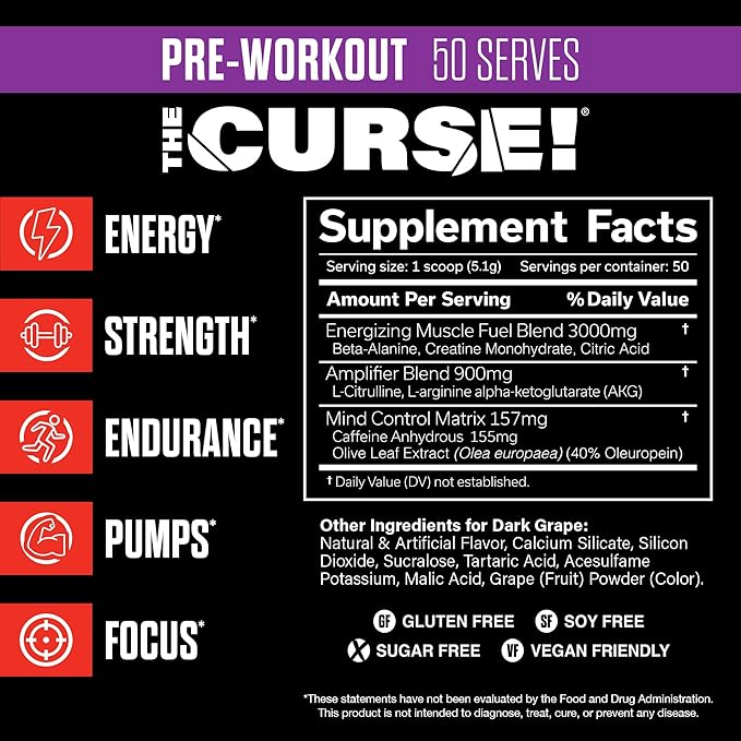 JNX SPORTS The Curse! Pre Workout Powder - Dark Grape 50 Servings | Preworkout: Boost Strength, Energy + Focus for Men & Women | Caffeine, Beta-Alanine, Creatine & L-Citrulline