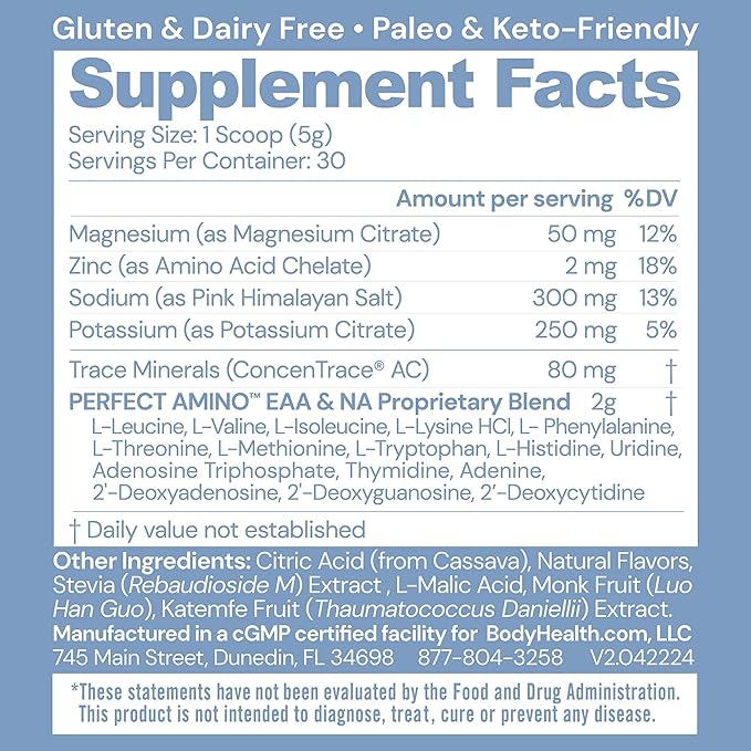 BodyHealth PerfectAmino Electrolytes Powder, Hydration Powder, Sugar Free Electrolyte Drink Mix, Keto Electrolytes Powder, Non GMO, Mixed Berry Flavor (30 Servings)