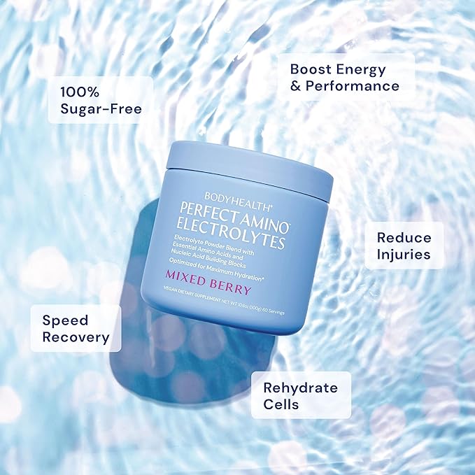 BodyHealth PerfectAmino Electrolytes Powder, Hydration Powder, Sugar Free Electrolyte Drink Mix, Keto Electrolytes Powder, Non GMO, Mixed Berry Flavor (30 Servings)