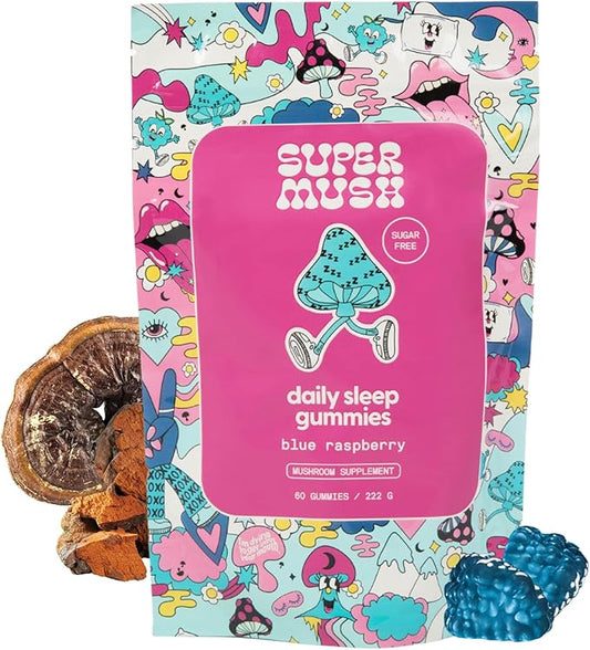 SuperMush Sleep Gummies for Adults - Mushroom Supplement with Magnesium Citrate, L-Theanine, Chaga, Reishi & Chamomile for Deep Sleep, REM & Detox - Vegan & Sugar-Free - 60 Gummies (30 Servings)