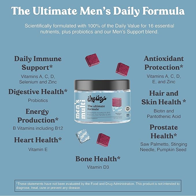 Chewsy Men's Multivitamin Chews, Immune & Energy Support, Vitamin A, B12, C, D3, E, Folic Acid, Probiotics, Saw Palmetto, Zinc, Adult Chewable Vitamin, Individually Wrapped Chews, 30-Day Supply (1)