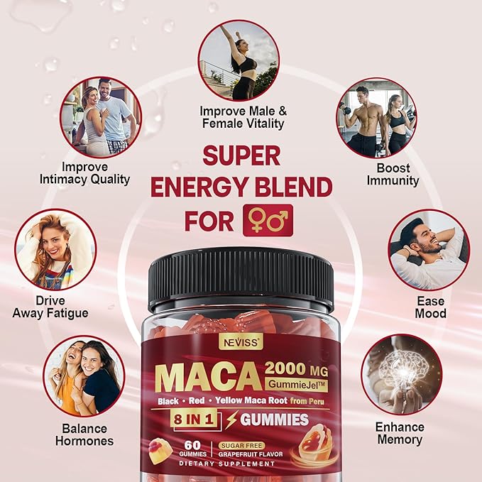 2 Pack Sugar Free Maca Root Gummies 2000mg with Ashwagandha, Tribulus Terrestris, Rhodiola, Panax Ginseng, L Arginine & L Tyrosine - Organic Black Red Yellow Maca Root for Women Men Energy Support