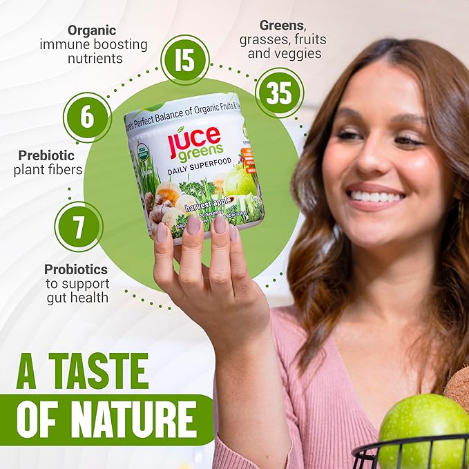 JUCE Green Superfood Powder, Organic Fruits and Veggies Supplement W/ 77 Superfoods Plus Prebiotic Probiotic Blend, Harvest Apple Flavor - 20 Servings (230 g)