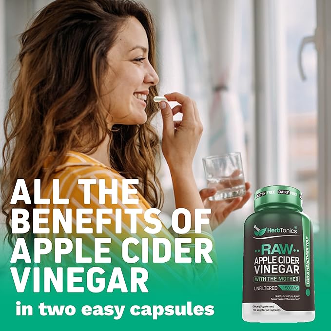 Herbtonics Raw Apple Cider Vinegar Capsules with Mother | Detox & Digestive Health Formula | Unfiltered ACV for Metabolic Support | 120 Vegan Capsules