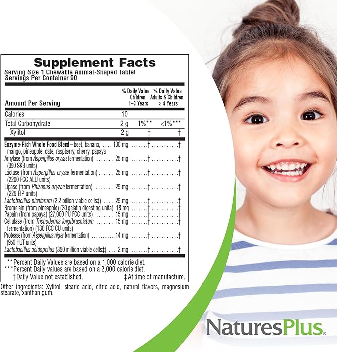 Natures Plus Animal Parade Source of Life Children's Chewable Digestive Aid - Tropical Fruit Flavor - 90 Animal Shaped Tablets - Contains Live Probiotics - Vegetarian, Gluten-Free - 90 Servings