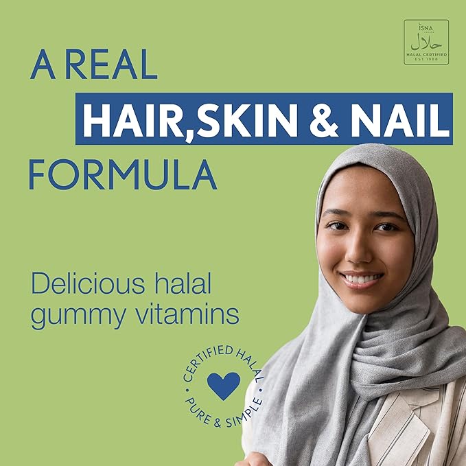 Noor Vitamins Halal Hair Vitamins Biotin, Collagen, Silica, Vitamin C & E Supports Hair, Skin & Nail Health; Natural Strawberry Gummy Vitamins. GMO, Gluten Free & a Certified Halal Vitamin (90 Count)