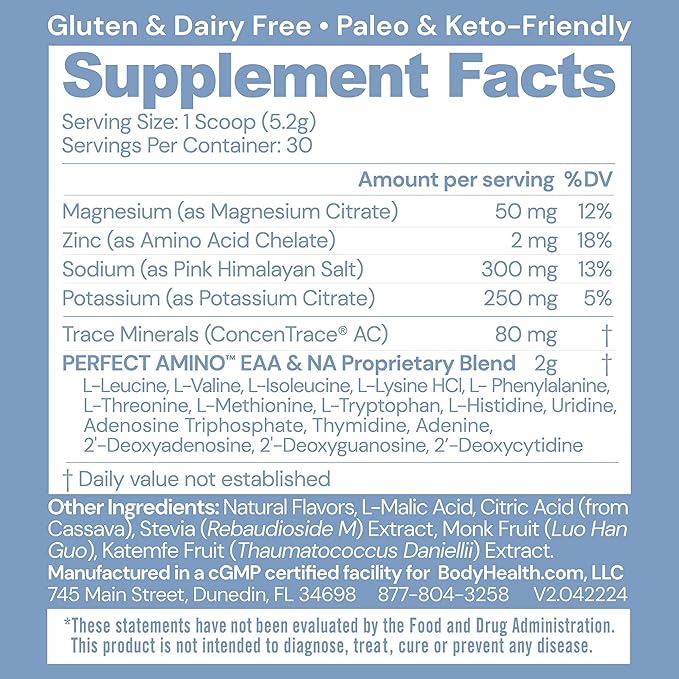 BodyHealth PerfectAmino Electrolytes Powder, Hydration Powder, Sugar Free Keto Electrolyte Drink Mix, Non GMO, Watermelon Flavor (30 Servings)