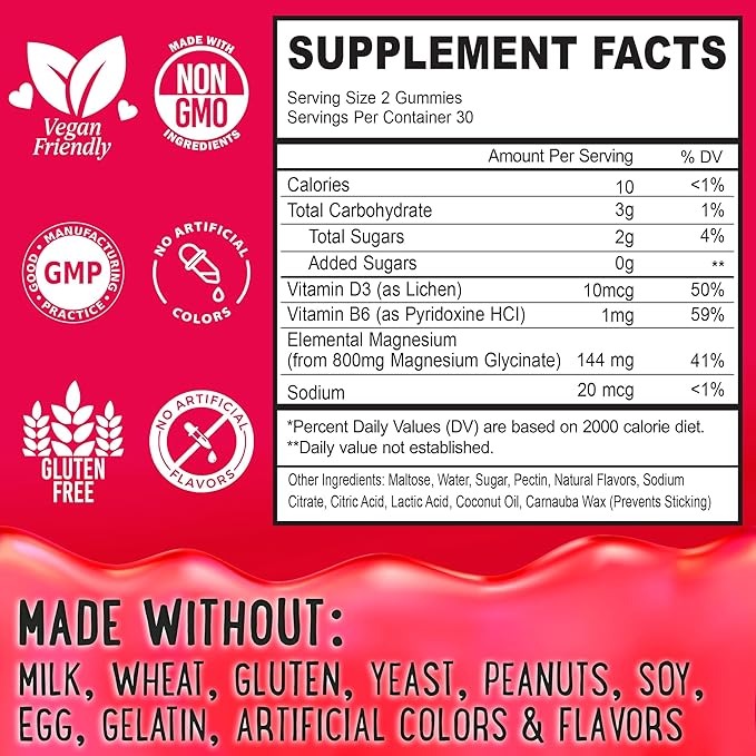Magnesium Glycinate Gummies 400mg - Magnesium for Sleep, Calm, Relax & Muscle Relief with B6 & D3 and No Melatonin - Family-Friendly for Kids, Teens & Adults - Vegan & Non-GMO Supplement - 60 Count