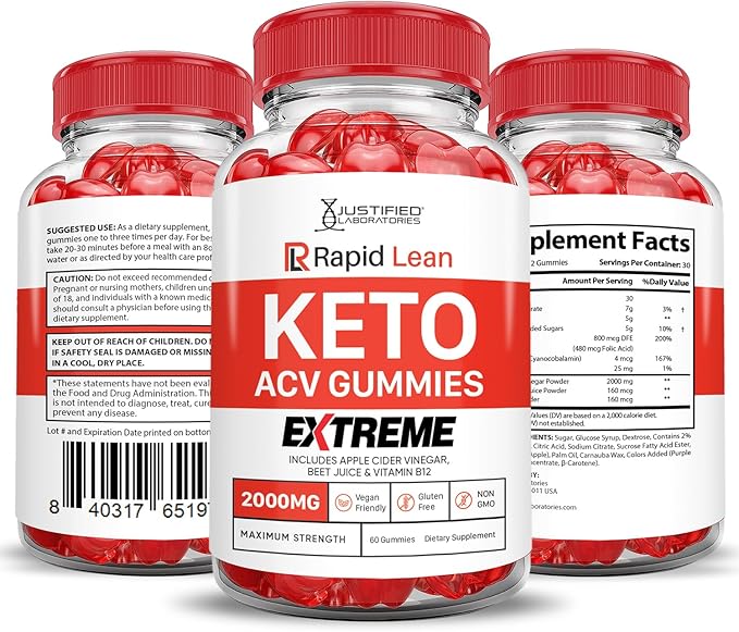(3 Pack) Rapid Lean Keto ACV Gummies Extreme 2000MG Rapid Lean Keto Gummies Apple Cider Vinegar Formulated with Pomegranate Beet Juice Powder B12 Vegan Non GMO 180 Gummys