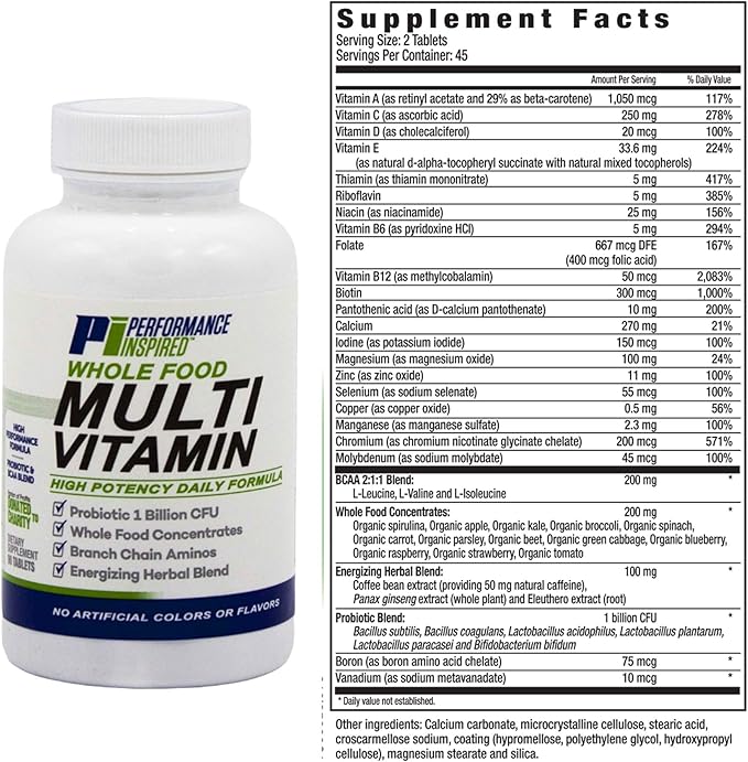 Performance Inspired Nutrition - Whole Food Multi Vitamin â€“ 1 Billion CFU Probiotics â€“ BCAAs â€“ Energizing Herbal Complex - 90 Count (Pack of 1)