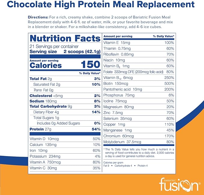 Bariatric Fusion Chocolate High Protein Meal Replacement Shake | 27g Whey Isolate Bariatric Protein Powder | Lactose Free Whey Protein Powder | Gluten and Sugar Free | 21 Servings