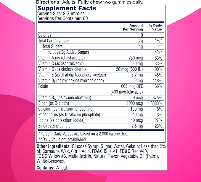 ONE A DAY Multi+ Hair, Skin & Nails, Multivitamin + Boost of Support for Healthy Hair, Skin & Nails with Biotin and Vitamins A, C, E & Zinc ,Gummy 120 Count (2 Month Supply)