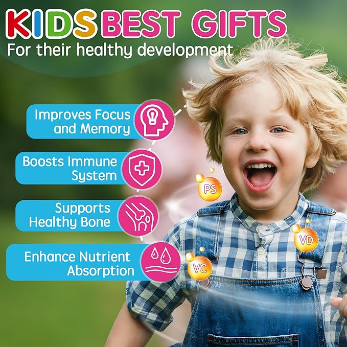 Phosphatidylserine Supplement 100mg, Focus Gummies for Kids Teens + Vitamin C & D3 400IU, Sugar Free Kids Brain Gummies Increase Attention & Concentration, Chewable, Vegan, Gluten Free, Non-GMO 2 Pack