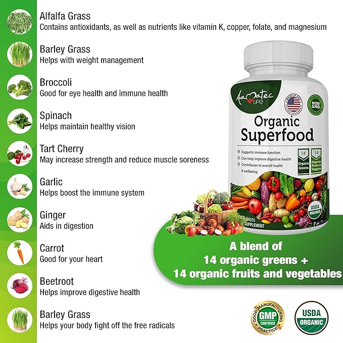 Organic Superfood Greens Fruits and Veggies Complex - Best Dietary Supplement with 14 Greens and 14 Fruits & Vegetables with Alfalfa Rich in Antioxidants Organic Ingredients Non-GMO 240 Tablets